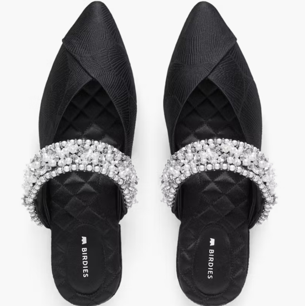 NWOB Birdies Swan Black Jacquard Flats Beaded Cuff Strap 9